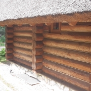 Dom z bali kryty strzechą.